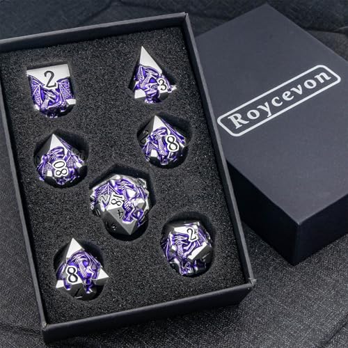 Roycevon Relief Dragon DND Dice Set for Role Playing Game, 7Pcs Metal D&D Dice Set Dungeons Dragons with Gift Box, Polyhedral D and D Dice D20 D12 D10 D8 D6 D4, Purple and Black - color: Purple and Black