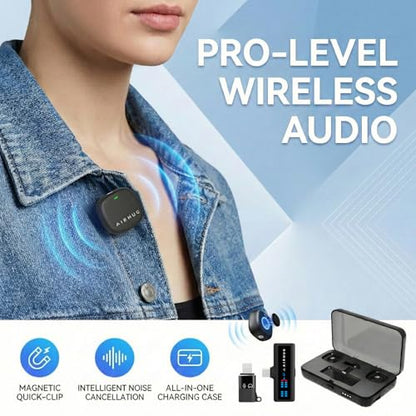 Wireless Lavalier Microphone for iPhone/Android/PC | 60H Battery, 48KHz 24Bit, Plug-Play Lightning/USB-C, 3 Recording Modes, AI Noise Cancellation - size: Mic 2 (2 TX + 1 RX + Charging Case)