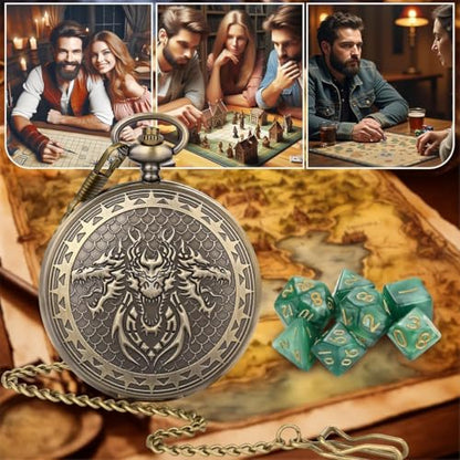 Acrylic DND Dice Set, Retro Dragon Pocket Watch Dice Set with Chain, 7pcs Polyhedral Dice, DND Starter Set, RPG Board Game Accessories, D&D Gifts for Fantasy Gamer, Gifts for Men Women, Green Dice - color: 3 Dragon Head C