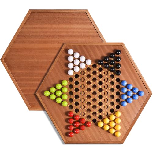 AMEROUS Large 20.5 inches Wooden Chinese Checkers Set with Storage Drawer - 60 Acrylic Marbles in 6 Colors - 12 Bonus Spare Marbles, Classic Strategy Family Board Game for Adults
