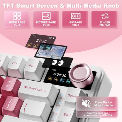 YUNZII B75 PRO MAX QMK/VIA Wireless Mechanical Keyboard | 75% Layout with Screen and Knob, Custom Hot Swap, Gasket, Creamy Switches, for Win/Mac(White Heart,Candy Switch) - color: White Heart, size: Candy Switch