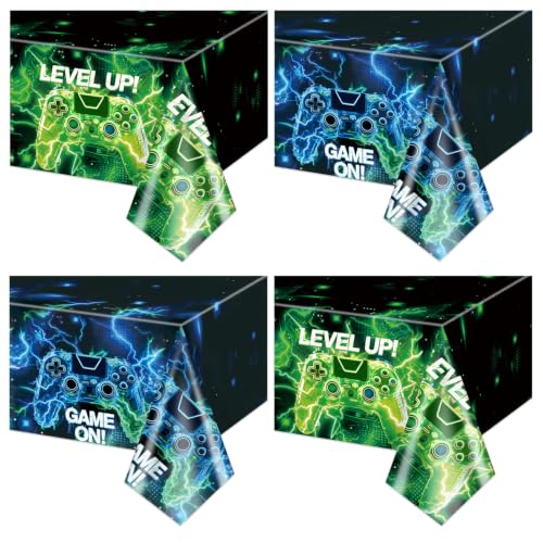 4 Pcs Video Game Tablecloths, Green and Blue Game Birthday Party Decorations Table Cloth for Kids Gaming Night Birthday Party Supplies, 51 x 86 in