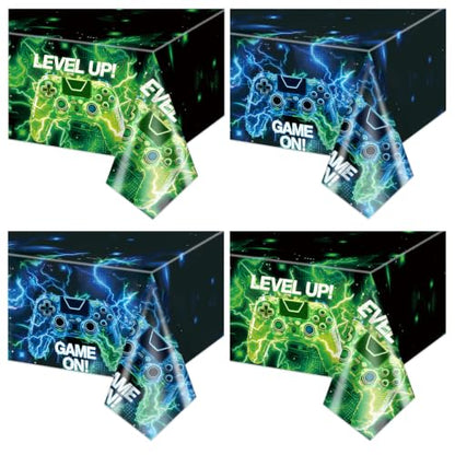 4 Pcs Video Game Tablecloths, Green and Blue Game Birthday Party Decorations Table Cloth for Kids Gaming Night Birthday Party Supplies, 51 x 86 in