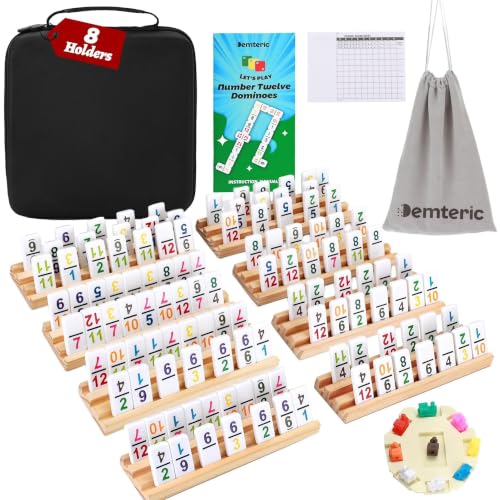 Mexican Train Dominoes Set Double 12 Number Domino Tiles, 91 Colorful Number Dominos Tiles with 8 Wooden Racks, Hub & Trains, Portable Domino Game Set for Adults Kids Families - style: Double 12 Number + 8 Racks