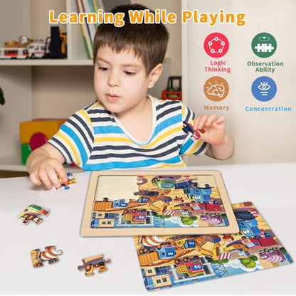 Wooden Puzzles for Kids Ages 4-6, 4 Packs 24 PCs Jigsaw Puzzles Preschool Educational Toys Gifts for Children Ages 3-8, Kids Puzzle for 3+ Year Olds Boys Girls