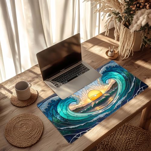 YKJWW Beach Sunset Desk Pad Cute Large Mouse Keyboard Desk Mat, Aesthetic Cute Gaming Desk Keyboard Mats for Desk Mat, Faux Stained Glass Sunset Mousepad Southwest Landscape Desk Pad 31.5x15.7 in - color: Blue Beach