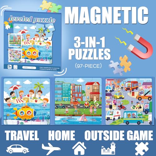 Magnetic Puzzles for Toddlers 3-5 Toddler Puzzle Travel Toys （Traffic） | Jigsaw Puzzles for Kids 97-Pieces Travel Toys Transportation Puzzles Ages 4-6 Road Car Trip & Airplane Activity - style: Transportation