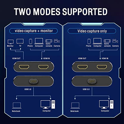 Kkf Capture Card, USB-C 3.0, Black, 1080P60, 4K HDMI Capture Card for Streaming and Recording PS5 PS4 Xbox Series X/S Nintendo Switch, Lag-Free Pass-Through, Windows, Mac OS, Linux Compatible