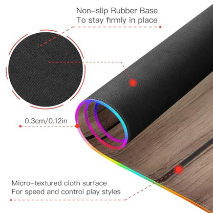 Rustic Wood Gaming Mouse Pad Led Mousepads RGB Backlit with 14 Lighting Modes, Non Slip Base Soft Computer Keyboard Mat for Gaming PC Laptop Desk, S - size: Small: 31.5 x 11.8in