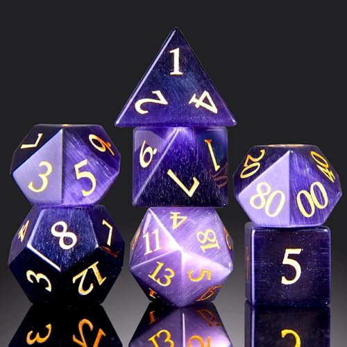 Dark Purple Cat's Eye Crystal DND Dice Set 7 PCS Gemstone Suitable for Dungeons and Dragons D & D RPG Games - color: Dark Purple Cat Eye