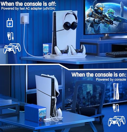 PS5 Pro/Slim/PS5 Stand and Cooling Station with Controller Charging Station for Playsation 5 Disc Digital Console, PS5 Accessories Incl. 3 Levels Cooling Fan, 13 Game Slots, 3 USB HUB, Headset Holder - size: Q254-PS5 Stand