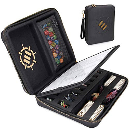 ENHANCE RPG Organizer Case - DnD Binder with Built-in Character Sheet Holder and Erasable Scribe Panel, Dice Rolling Area, Removable Pen Pouch, Miniature Foam Tray, Wrist Strap - color: Black