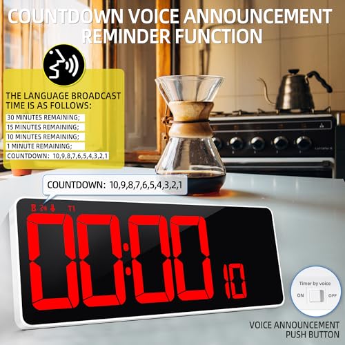 13.7”Digital Timer Large LED Screen displays（5'' Number）,The Date time, Remote Control, Turn on/Off 10 Seconds Countdown Voice Notification, for Chefs,Students, Children, Seniors - color: 13.7'' Red+remote