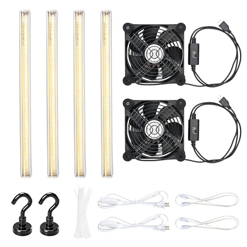 LUVCOSY 4 Pack T5 Grow Light Strips + 2 Pack USB Fans for Indoor Plants, Accessories Set for Indoor Greenhouse Cabinet for IKEA, Full Spectrum Sunlight Grow Lamp & Silent Portable Cooling Fan-ALL IN 1