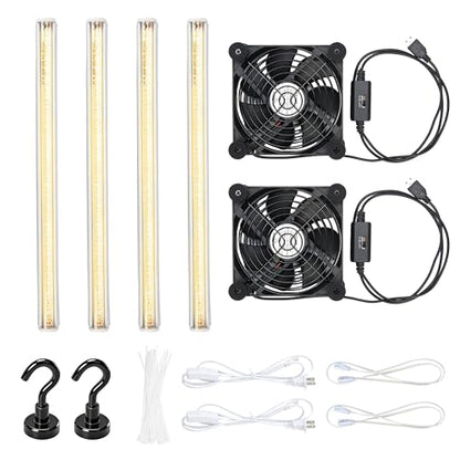 LUVCOSY 4 Pack T5 Grow Light Strips + 2 Pack USB Fans for Indoor Plants, Accessories Set for Indoor Greenhouse Cabinet for IKEA, Full Spectrum Sunlight Grow Lamp & Silent Portable Cooling Fan-ALL IN 1