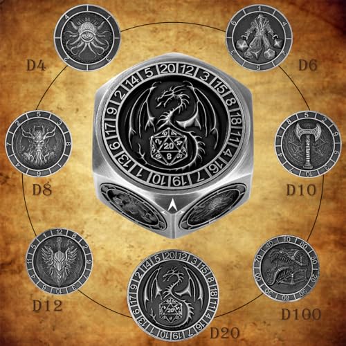 DND Polyhedral Game Dice, D&D Spinner Dice, 8-in-1 Metal Dice Set | 3D Hexagon Relief Design, D&D Spinner Dice, DND Gifts, Role Playing Board Game Accessories, with Gift Box, Dark Silver - color: Silver