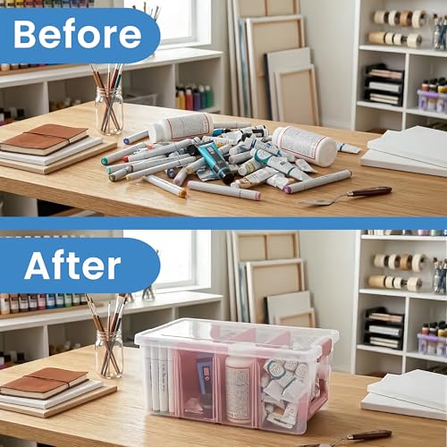 ArtBin Semi Satchel 휴대용 공예 정리함, 칸막이 3개 포함 - 미술 및 공예 용품을 위한 투명 플라스틱 보관 케이스 | 탈착식 칸막이 3개, 39.9 x 20.3 x 16.2cm(15.2 x 8 x 6.2인치), 안전한 걸쇠, 운반 손잡이, 투명하고 내구성 - color: 로즈 골드., size: Pack of 1