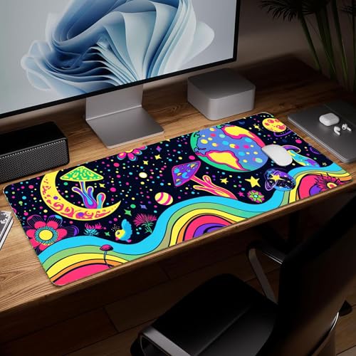 Leather Mushroom Desk Pad, Colorful Art Mouse Pad Large Computer Keyboard Gaming Mousepad Waterproof Desktop Protector & Cover, Decorative PU Leather Laptop Mouse Mat Home Decor 10 x 25.6 inch C38 - color: colorful-1
