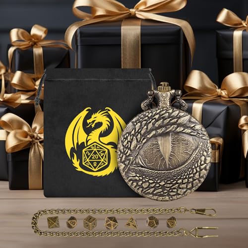 Mini DND Dice Set with Retro Dragon's eyes Pocket Watch Shell Case, DND Starter Set, 7pcs Polyhedral Mini Metal Dice Set, D&D Gifts with Gift Bag, Role Playing Board Game Accessories, Bronze - color: Bronze