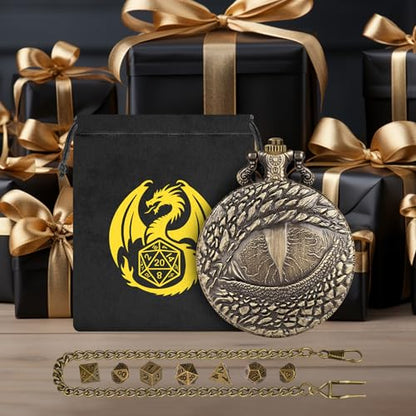 Mini DND Dice Set with Retro Dragon's eyes Pocket Watch Shell Case, DND Starter Set, 7pcs Polyhedral Mini Metal Dice Set, D&D Gifts with Gift Bag, Role Playing Board Game Accessories, Bronze - color: Bronze