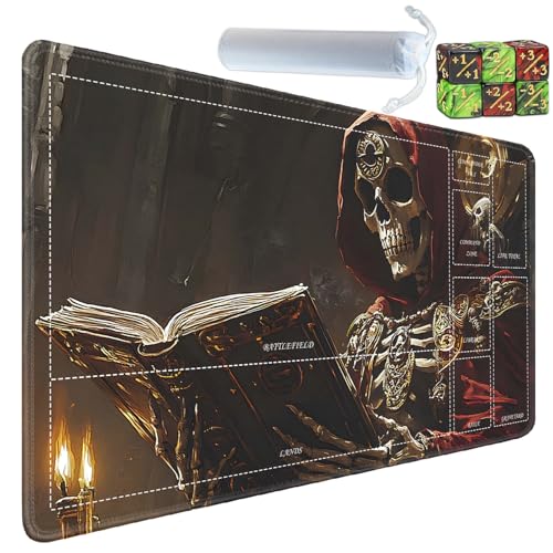 for MTG/TCG Playmat with Zones, 24 x 14 inches Trading Card Playmat with A Storage Bag and 6 Dice, Non-Lip Rubber Bottom Game Desk Mat, Red Robe Skeleton Ancient Book - color: Yux-playmats-2-3A-241