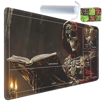 for MTG/TCG Playmat with Zones, 24 x 14 inches Trading Card Playmat with A Storage Bag and 6 Dice, Non-Lip Rubber Bottom Game Desk Mat, Red Robe Skeleton Ancient Book - color: Yux-playmats-2-3A-241