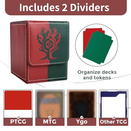 Card Deck Box with 2 Dividers, MTG Commander Deck Box Holds 100+ Double-Sleeved Cards, Leather Magnetic Deck Case Compatible with Magic TCG CCG Cards, Red/Green - color: 1. Red & Green, size: 100 Double-sleeved Cards Vertical