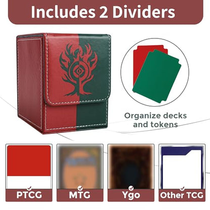 Card Deck Box with 2 Dividers, MTG Commander Deck Box Holds 100+ Double-Sleeved Cards, Leather Magnetic Deck Case Compatible with Magic TCG CCG Cards, Red/Green - color: 1. Red & Green, size: 100 Double-sleeved Cards Vertical