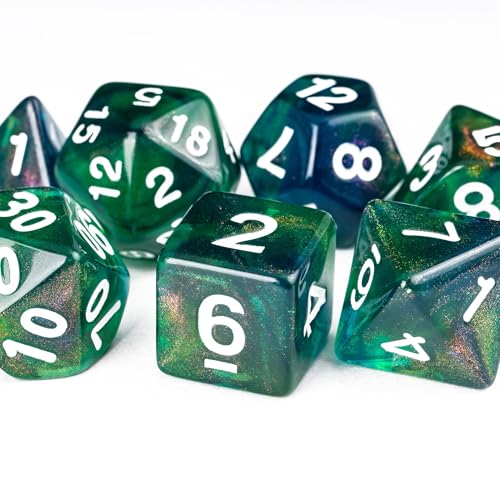 7-Die DND Dice Set Polyhedral Dice Set with a Leather Dice Bag, D&D Dice Set for RPG Table Games (Blue & Green) - color: Blue & Green