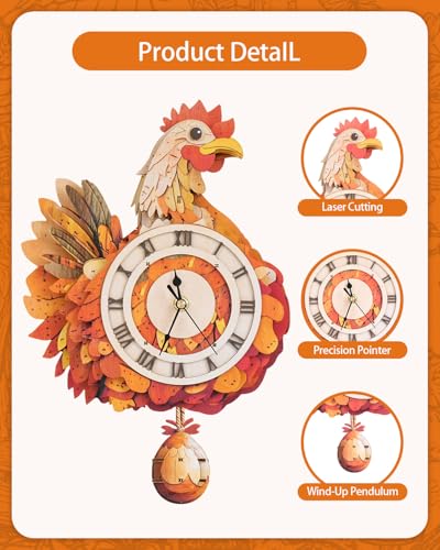3D Wooden Puzzles for Adults, Hen Wall Clock DIY Set (with Pendulum), Beginner 29 Pcs Wooden Puzzles, Creative Gift Ideas for Adults Teens - color: Hen