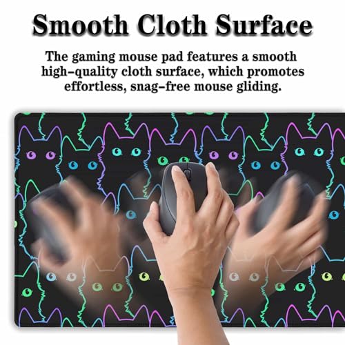 Big Mouse Pad Black Purple The Desk Pad Computer Mouse Pads Keyboard Pads Deskmat Waterproof Non-Slip Rubber Base 35.4" X 15.7" for Game Office, Cartoon Cat with Neon Lines Design - color: Cartoon Cat