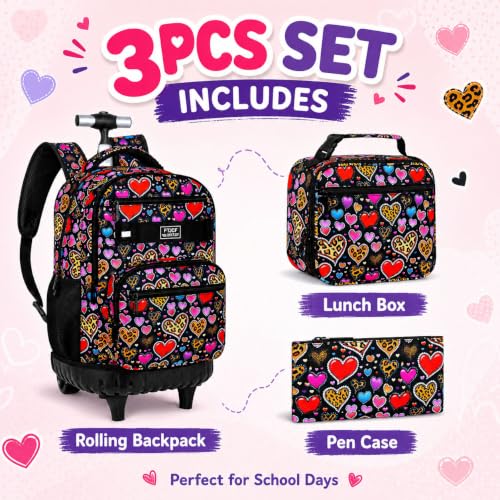 3Pcs Rolling Backpack for Girls Women, Leopard print Travel Roller Backpacks with Wheels for Adults, Teens College Wheeled Bookbag with Lunch Box(Brown) - color: Brown Love