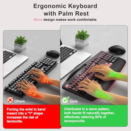 Wireless Keyboard and Mouse Combo, Full Size Ergonomic Wave Keys(Pink-B) | 2.4G Ergonomic Keyboard with Wrist Rest, Phone Holder, 3-Level DPI Silent Mouse with 6-Buttons, for Windows/Mac OS/Laptop/PC - color: Pink