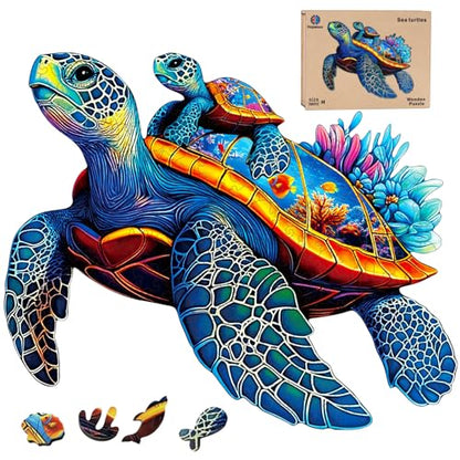 Wooden Jigsaw Puzzles for Adults Teens Kids, Parent & Baby Sea Turtle Wood Puzzle, Wooden Puzzles for Adults, Unique Animal Shaped Puzzle, Fun Challenging Family Games, 200pcs 11.5" x 9.7" - size: Medium