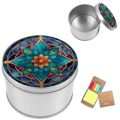 Metal Round Storage Containers Box with Lid, Metal Tins Organizer Box for Earring Jewelry Craft Trinket Keys Watch, Glass Mandala Design Decorative Storage Case with Notepad - color: Glass Mandala