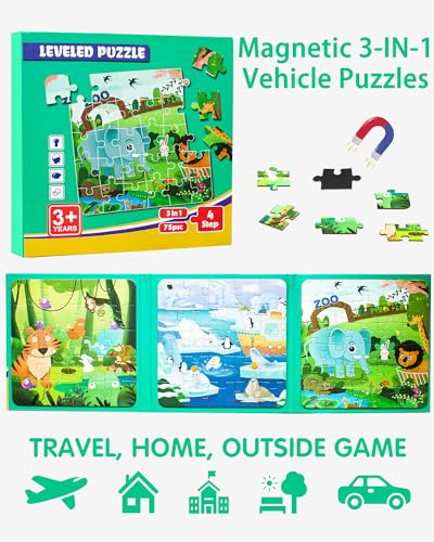 Magnetic Puzzles for Kids Ages 3-5, 3 in 1 Animal Magnet Jigsaw Puzzle Book for Toddlers, Car Airplane Road Trip Activities Toys for 3 4 5 6 Year Old Girls Birthday (Animal) - style: Level 3 Animal
