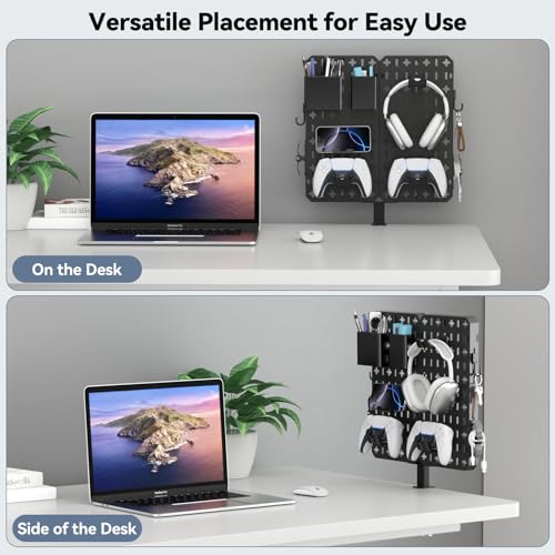 KDD 7 in 1 Clamp-on Desk Pegboard - No Drill Desk Side Storage with Phone Stand/Pen Holder/Storage Box/Headset & Controller Holder/Hooks, Detachable Gaming Pegboard for Office & Home Desktop Organizer