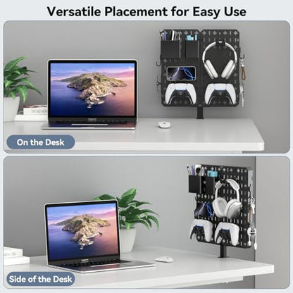 KDD 7 in 1 Clamp-on Desk Pegboard - No Drill Desk Side Storage with Phone Stand/Pen Holder/Storage Box/Headset & Controller Holder/Hooks, Detachable Gaming Pegboard for Office & Home Desktop Organizer