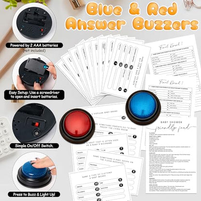 EYxsaxenk Baby Shower Friendly Feud Game with Answer Buzzer - 40Pcs Minimalist Gender Reveal Party Family Trivia Quiz Night Feud Card Buzzer for Board Game Night Baby Shower Boy or Girl Party Supplies - style: Baby Shower