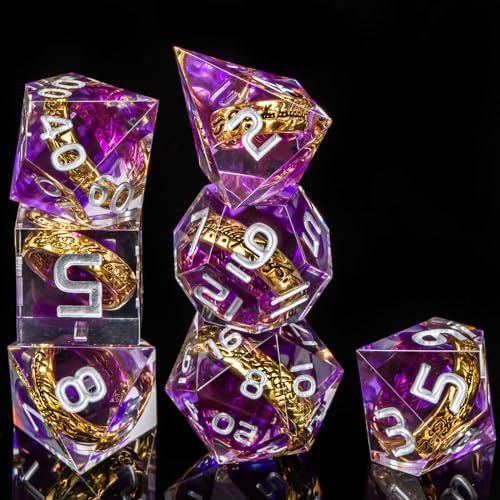 OUKELANWO Magic Lord Rings DND Dice Set with Box, 7Pcs Resin LOTR D&D Dice Set for Role Playing Game, Purple Dungeons Dragons D and D Sharp Edge Dice D20 D12 D10 D8 D6 D4 - color: Purple & White
