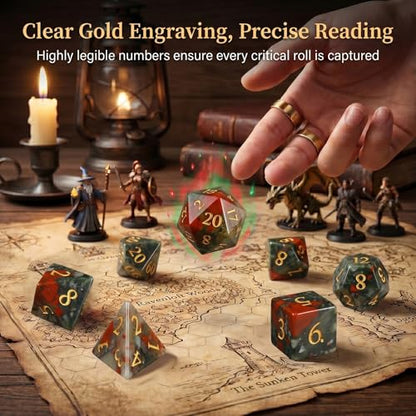Natural African Bloodstone Dice Set, 7-Piece Hand-Carved Gemstone Polyhedral Dice for Dungeons & Dragons (D&D), Pathfinder, MTG, Tabletop RPG Gaming, Heavy Stone Dice with Gold Numbers (Bloodstone) - color: Bloodstone