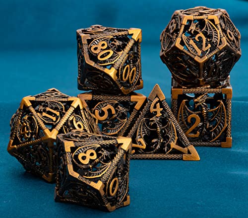 ARUOHHA Hollow DND Metal Dice Set Ancient Gold Dragons D and D Dice, RPG Role Playing Games Dungeons Polyhedral Dice with Gift Box D20 D12 D10 D8 D6 D4 - color: Ancient Gold