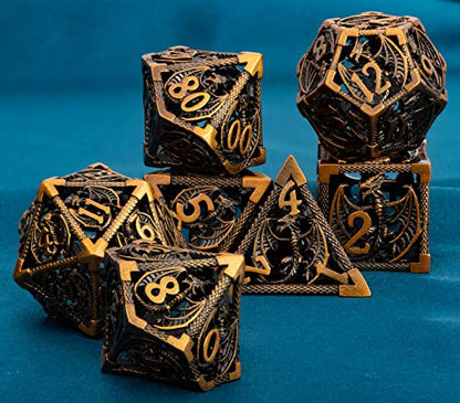ARUOHHA Hollow DND Metal Dice Set Ancient Gold Dragons D and D Dice, RPG Role Playing Games Dungeons Polyhedral Dice with Gift Box D20 D12 D10 D8 D6 D4 - color: Ancient Gold