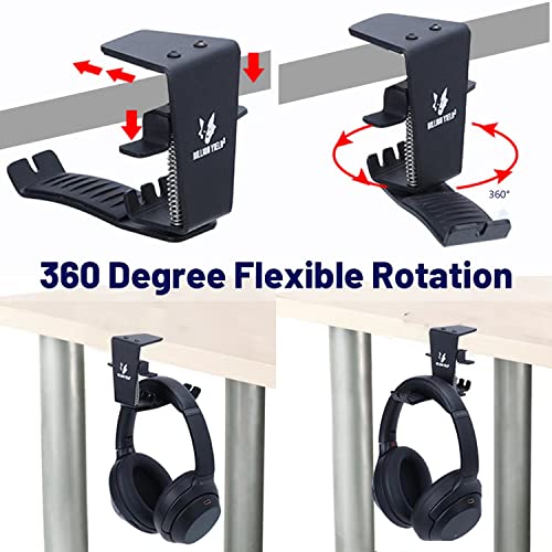 Headset Headphone Hook Holder Hanger Mount, Headphones Stand for Desk, Headphone Clamp Under Desk Design with Adjustable & Rotating Arm Clamp for PC Gaming, Office