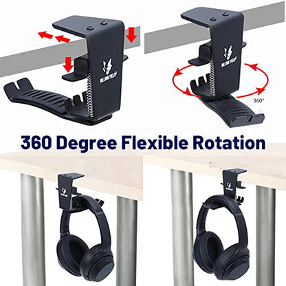 Headset Headphone Hook Holder Hanger Mount, Headphones Stand for Desk, Headphone Clamp Under Desk Design with Adjustable & Rotating Arm Clamp for PC Gaming, Office