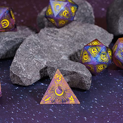 Cusdie Sharp Edges DND Dice, 7 PCs Moon Dice Set D&D Dice, Handcrafted Polyhedral Dice Set, for Role Playing Game (Moon/Purple Black) - color: Moon Pattern-purple Black