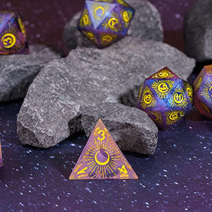 Cusdie Sharp Edges DND Dice, 7 PCs Moon Dice Set D&D Dice, Handcrafted Polyhedral Dice Set, for Role Playing Game (Moon/Purple Black) - color: Moon Pattern-purple Black
