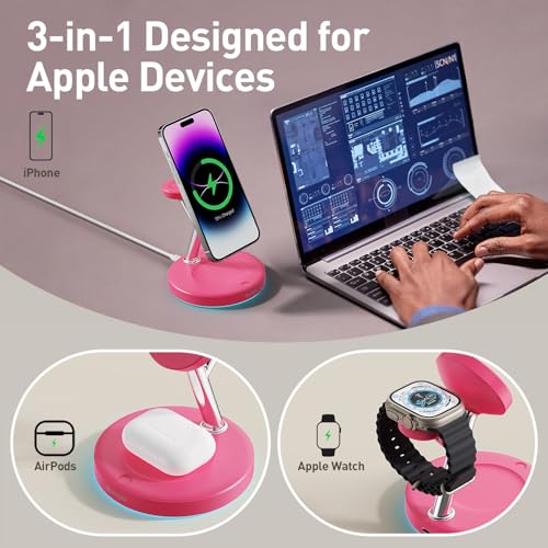 【Adjustable Blue Ambient Light】 Wireless Charger 3 in 1 for iPhone, Magnetic Charging Station for Apple Family,15W Fast MagSafe Charger Stand,for iPhone17-12-iWatch AirPods Series - color: Rose Red