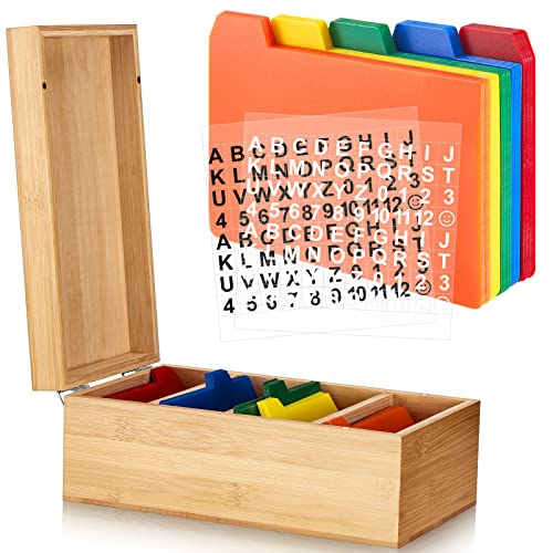 Henoyso 3 x 5 Inch Index Card Holder Set, Bamboo Organizer Box with 50 Dividers & 2 Sheets Alphabet Number Stickers File Note Holders, Holds 1200 Cards for Office Business Home Kitchen, Wooden Color - color: Wooden Color, size: 3 x 5 Inches