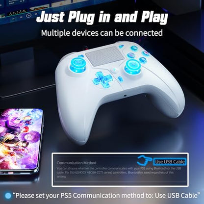 Gamrombo LED Wired Controller for PS5/PS5 Pro/PS5 Slim, Compatible withPS4/PC with 3.5mm Headphone Jack/Dual Vibration/Macro Function/Trubo Function, 10ft Cable - color: White